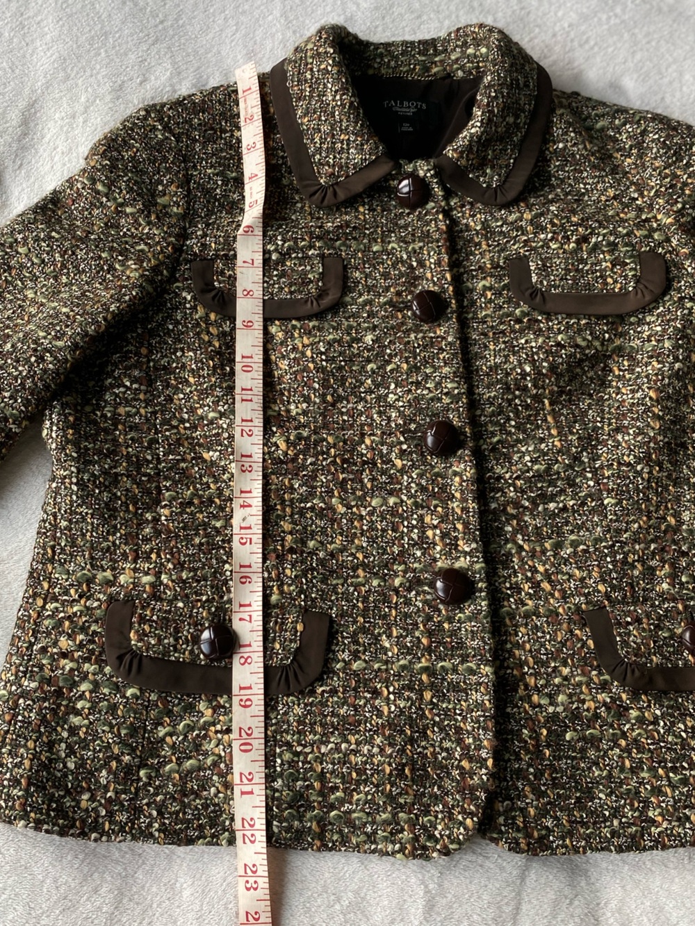 Talbots Tweed Boucle Jacket Brown Green Button Front 12P - Picture 14 of 16